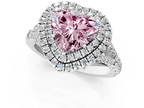 White gold Fancy Pink Heart  Cut Double Halo Split Shank Diamond Ring with Prong Setting
