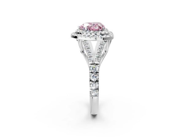 White gold Fancy Pink Heart  Cut Double Halo Split Shank Diamond Ring with Prong Setting