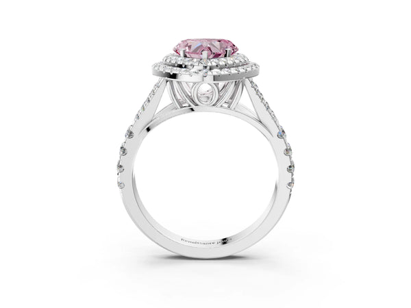 White gold Fancy Pink Heart  Cut Double Halo Split Shank Diamond Ring with Prong Setting