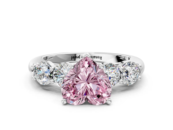 Platinum Fancy Pink Heart  Cut Five-Stone Prong Set Diamond Ring with Classic Band