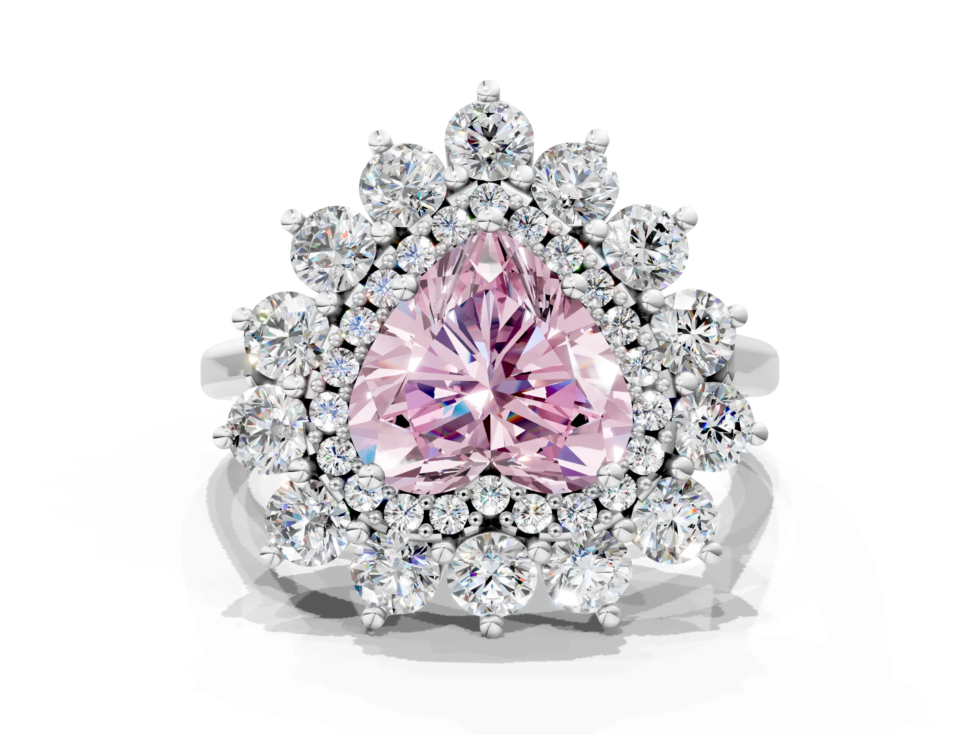 White gold Fancy Pink Heart Cut Halo Cluster Diamond Ring with Pave Band and Four-Prong Setting