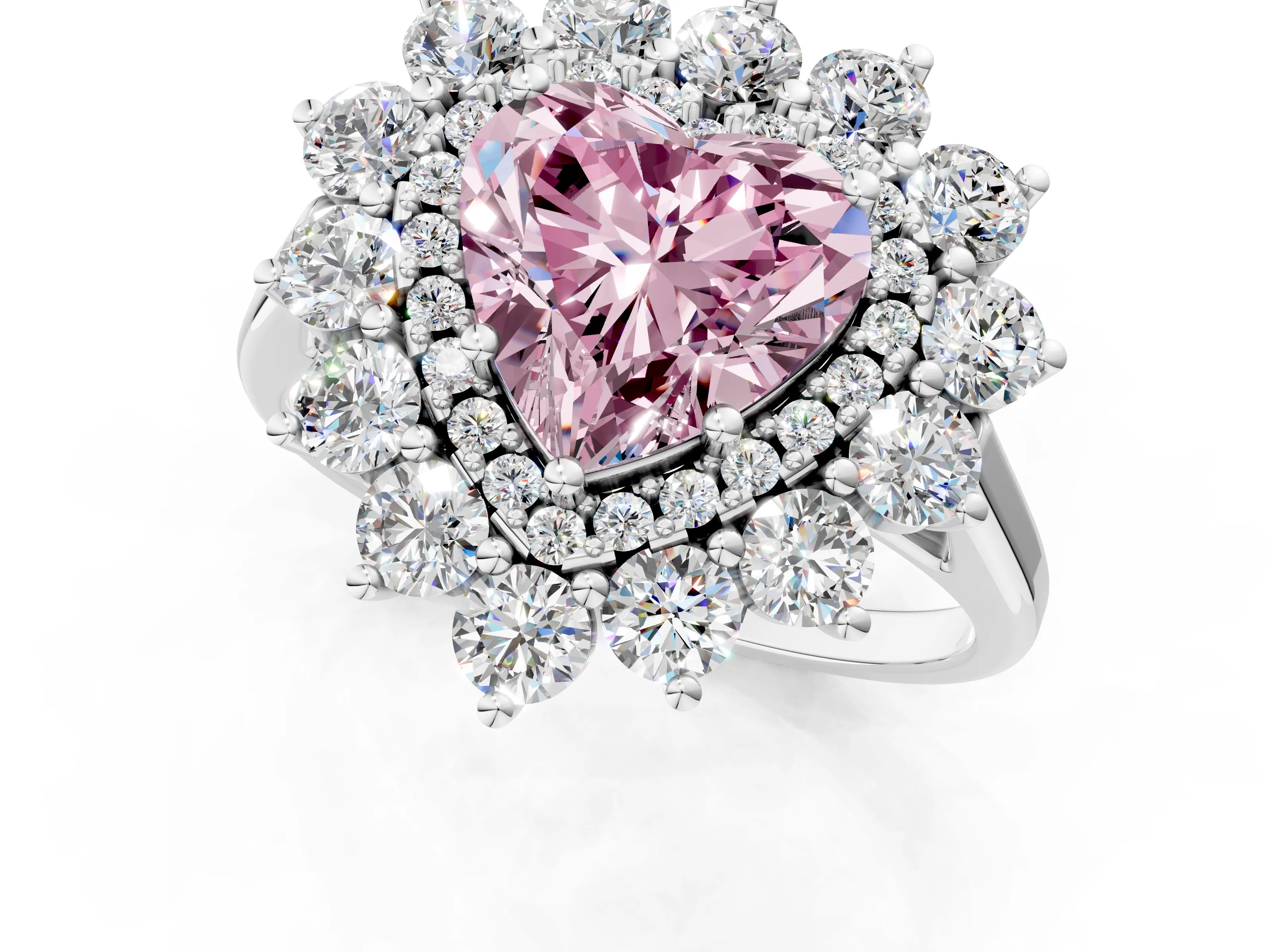 White gold Fancy Pink Heart Cut Halo Cluster Diamond Ring with Pave Band and Four-Prong Setting_13