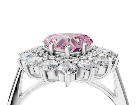 White gold Fancy Pink Heart Cut Halo Cluster Diamond Ring with Pave Band and Four-Prong Setting_16