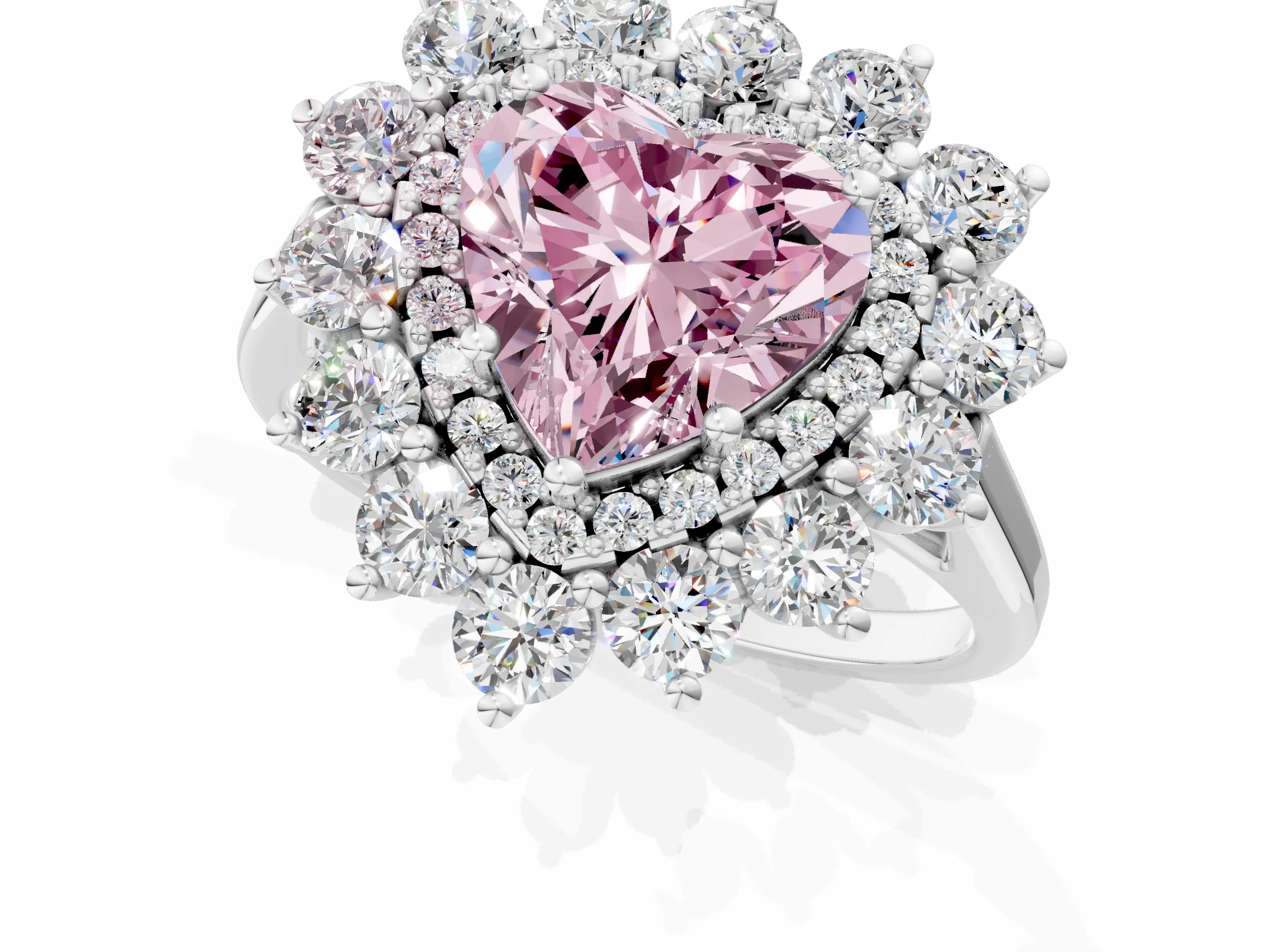 White gold Fancy Pink Heart Cut Halo Cluster Diamond Ring with Pave Band and Four-Prong Setting_1