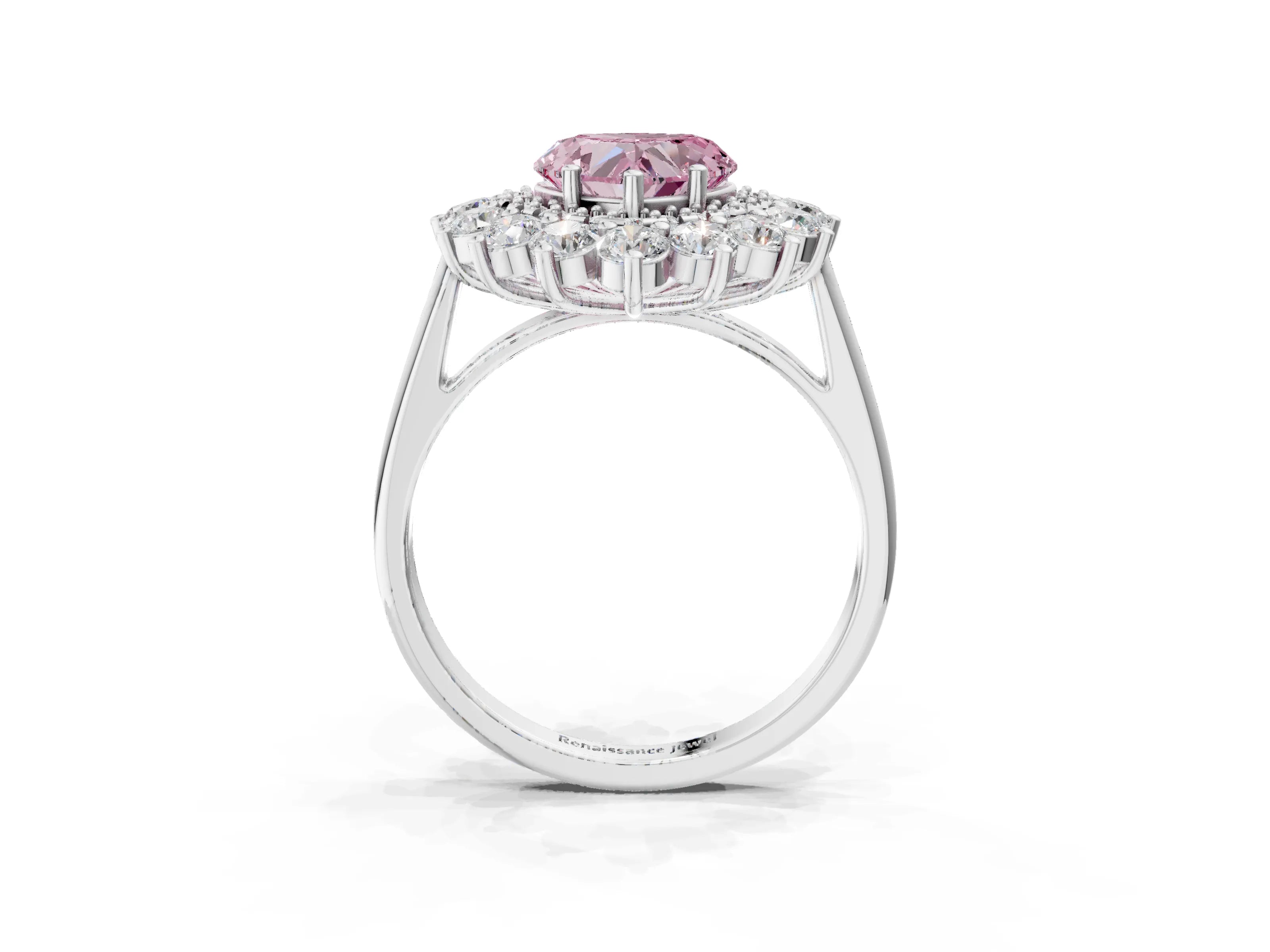 White gold Fancy Pink Heart Cut Halo Cluster Diamond Ring with Pave Band and Four-Prong Setting_3