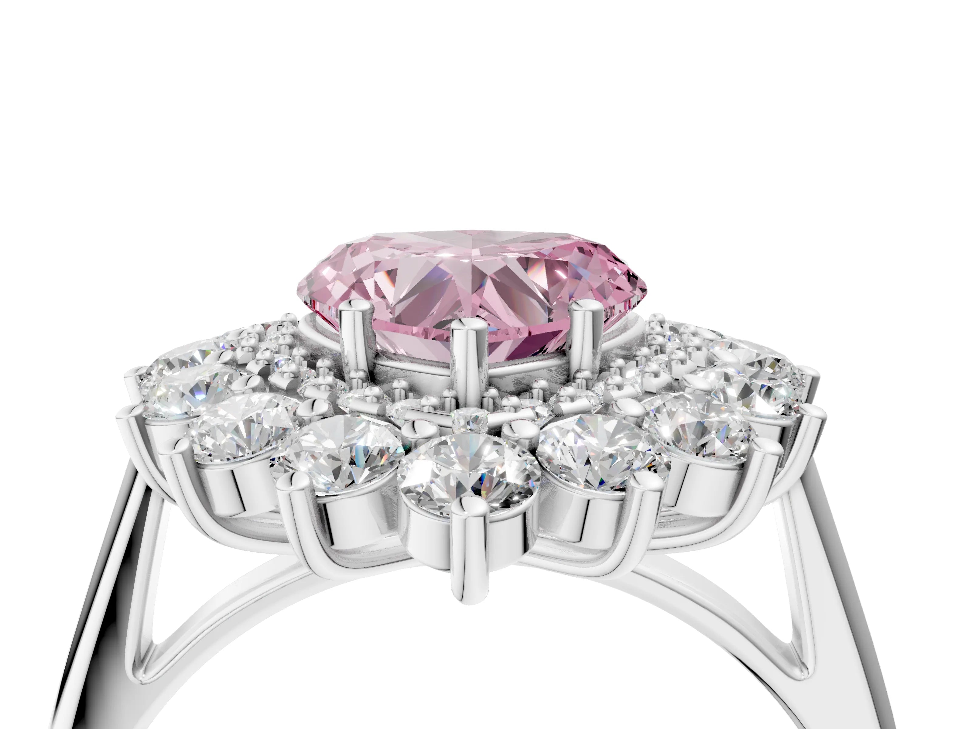 White gold Fancy Pink Heart Cut Halo Cluster Diamond Ring with Pave Band and Four-Prong Setting_4