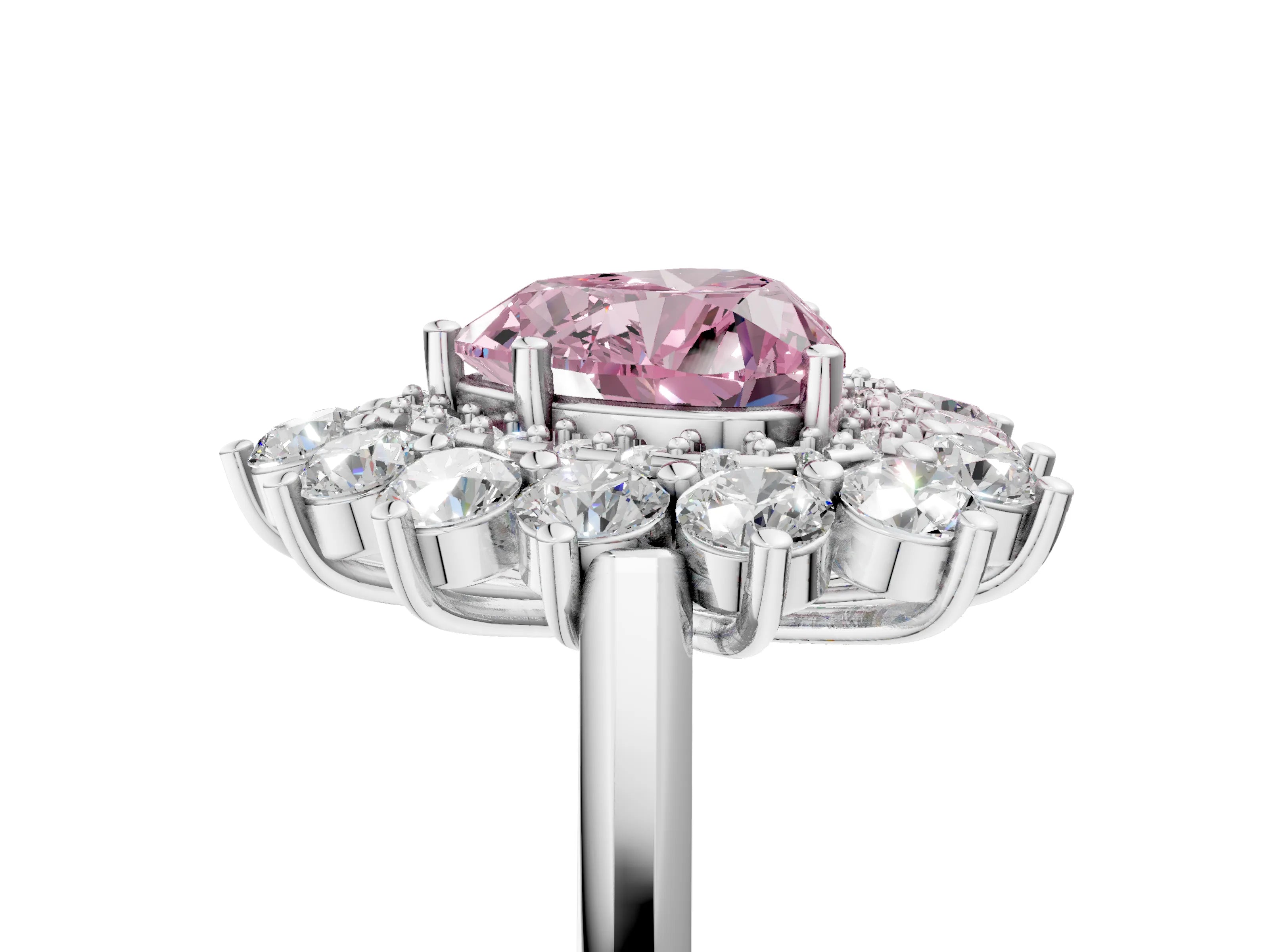 White gold Fancy Pink Heart Cut Halo Cluster Diamond Ring with Pave Band and Four-Prong Setting_5