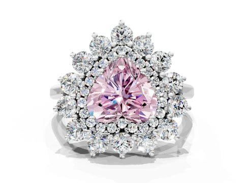 White gold Fancy Pink Heart Cut Halo Cluster Diamond Ring with Pave Band and Four-Prong Setting