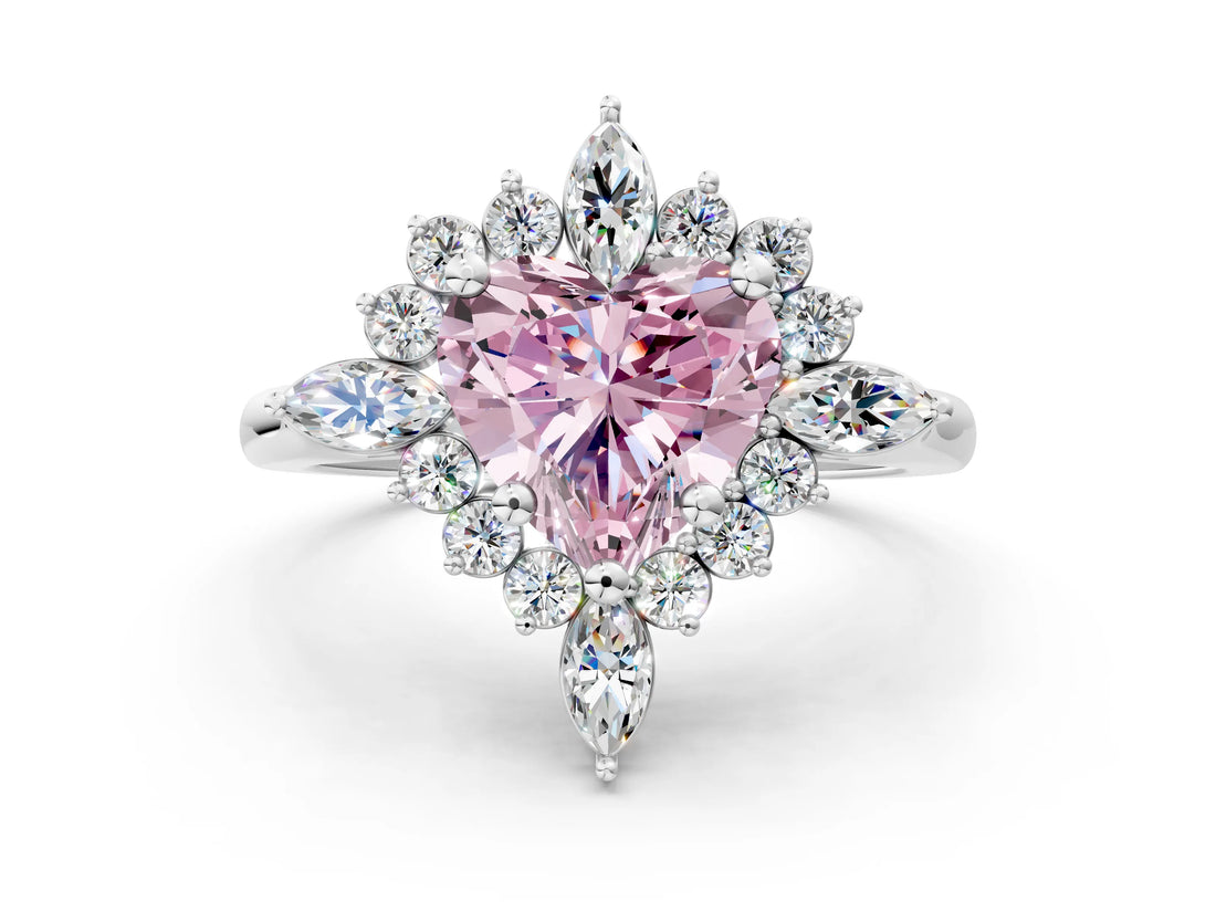 White gold Fancy Pink Heart Cut Halo Diamond Cluster Ring with Marquise and Round Stones on a White Gold Band with Prong Setting