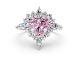 White gold Fancy Pink Heart Cut Halo Diamond Cluster Ring with Marquise and Round Stones on a White Gold Band with Prong Setting