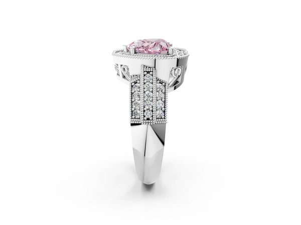 White gold Fancy Pink Heart Cut Halo Diamond Engagement Ring with Pave Split Shank and Four-Prong Setting