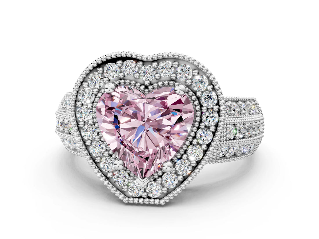 White gold Fancy Pink Heart Cut Halo Diamond Engagement Ring with Pave Split Shank and Four-Prong Setting