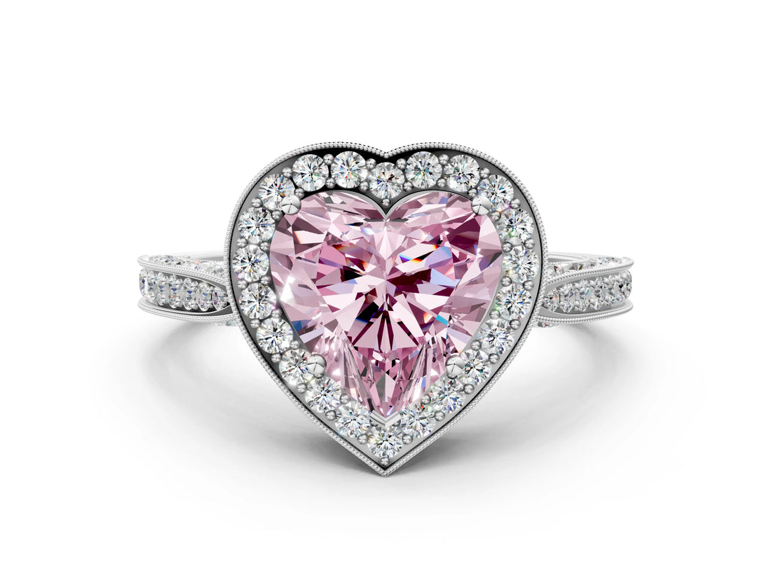 White gold Fancy Pink Heart Cut Halo Diamond Engagement Ring with Split Shank Band and Four-Prong Setting_12