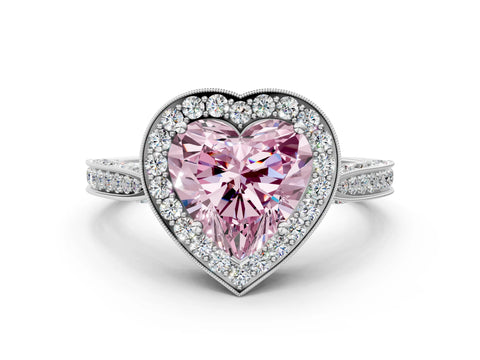 White gold Fancy Pink Heart Cut Halo Diamond Engagement Ring with Split Shank Band and Four-Prong Setting_12