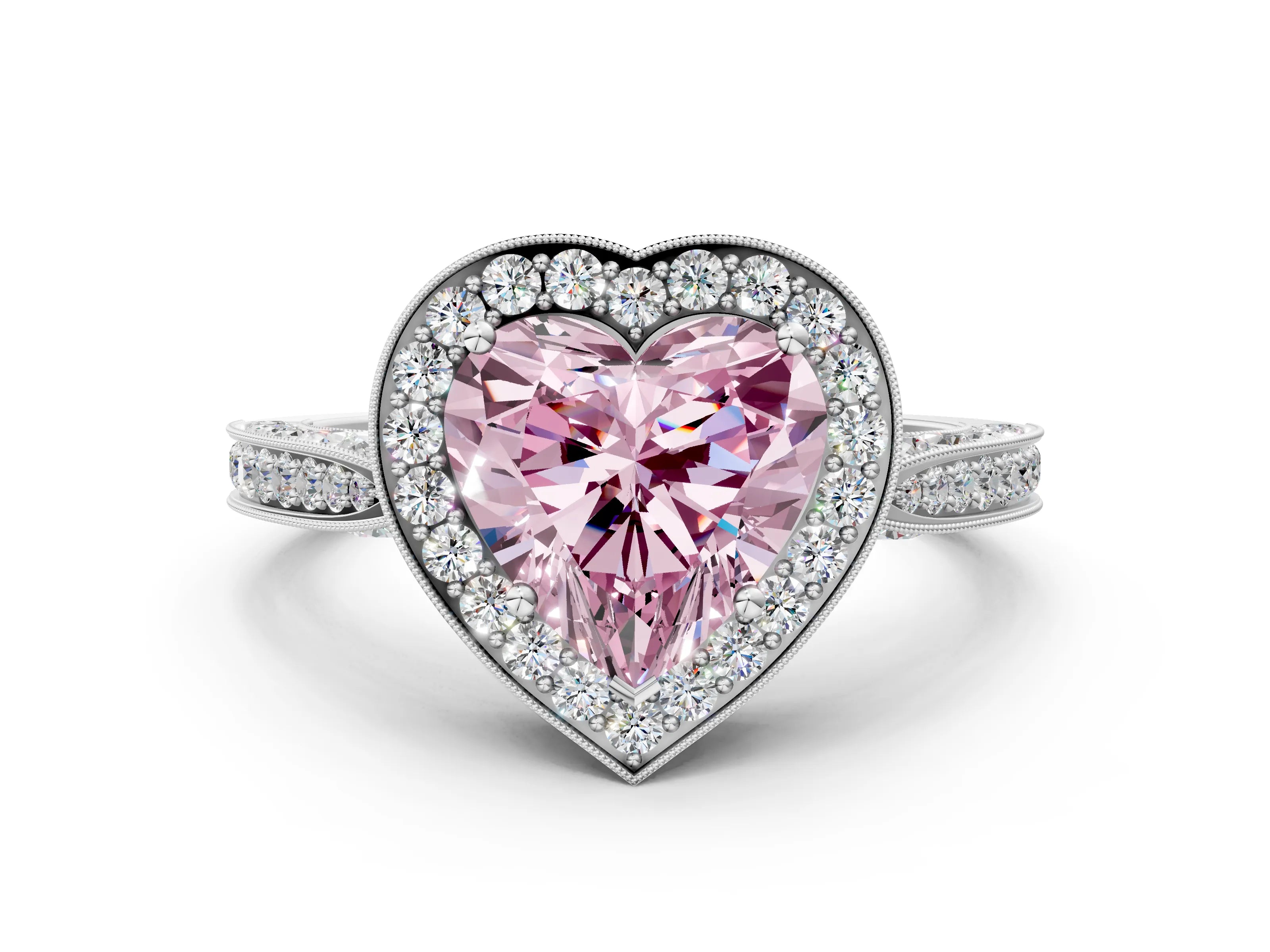 White gold Fancy Pink Heart Cut Halo Diamond Engagement Ring with Split Shank Band and Four-Prong Setting_12