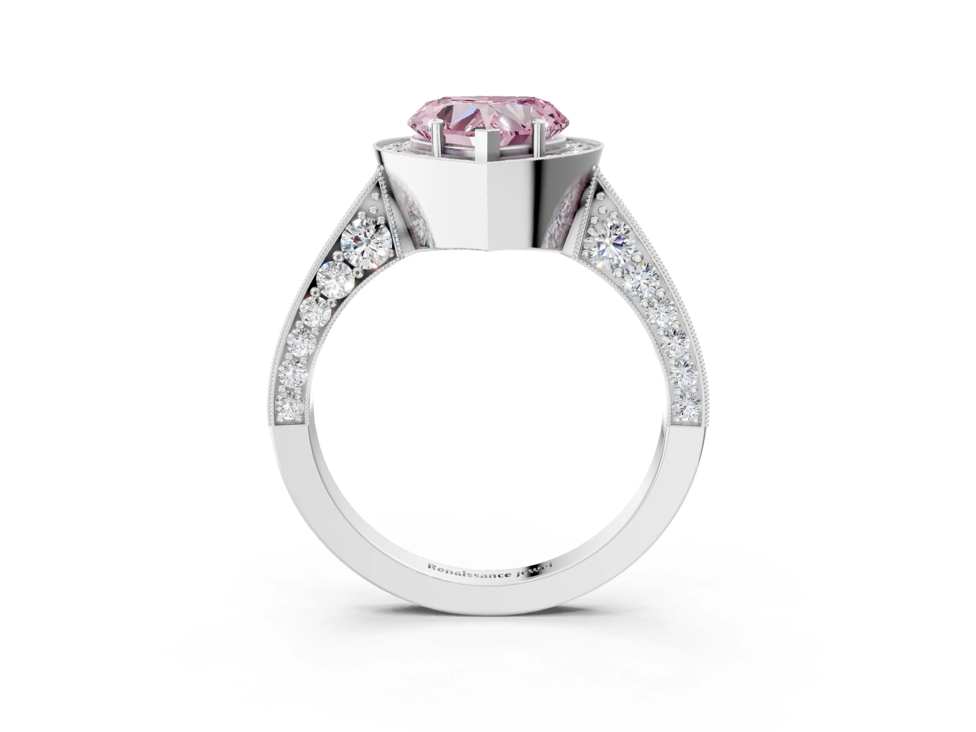 White gold Fancy Pink Heart Cut Halo Diamond Engagement Ring with Split Shank Band and Four-Prong Setting_15