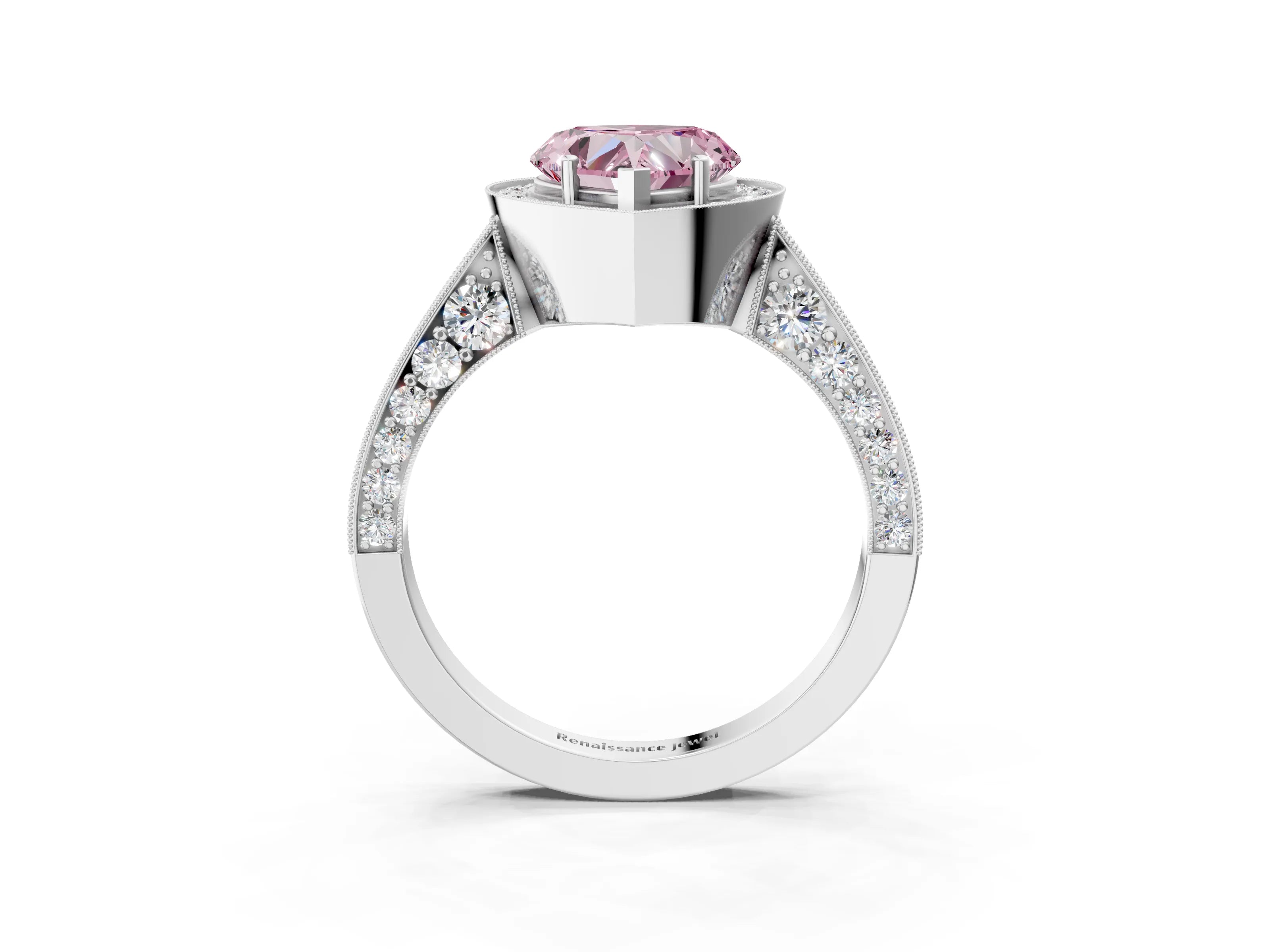 White gold Fancy Pink Heart Cut Halo Diamond Engagement Ring with Split Shank Band and Four-Prong Setting_3