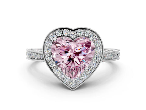 White gold Fancy Pink Heart Cut Halo Diamond Engagement Ring with Split Shank Band and Four-Prong Setting