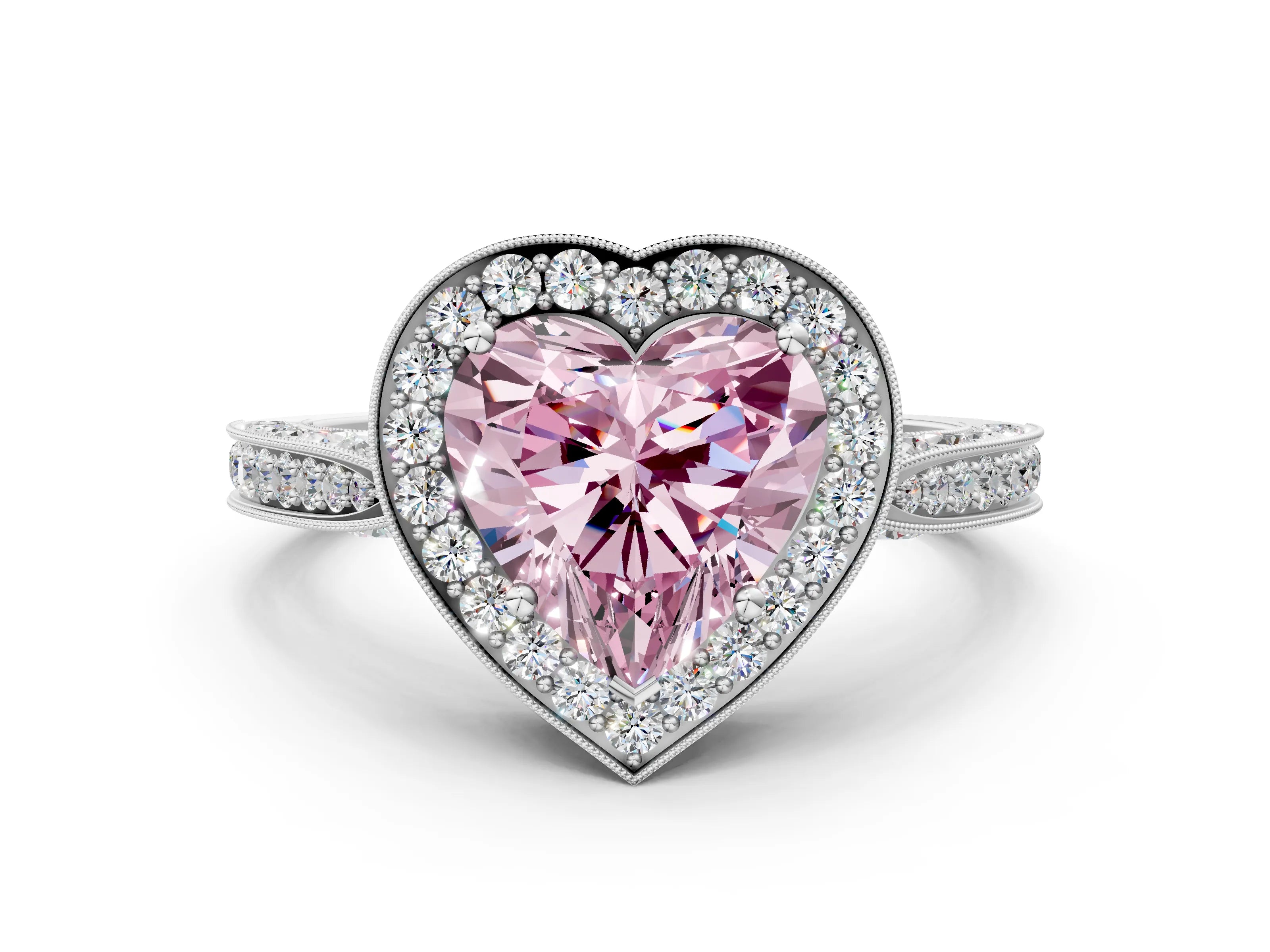 White gold Fancy Pink Heart Cut Halo Diamond Engagement Ring with Split Shank Band and Four-Prong Setting
