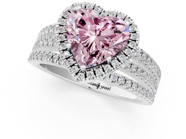 White Gold Heart-Shaped Halo Engagement Ring Setting for Fancy Pink Center with Triple Row Split Shank