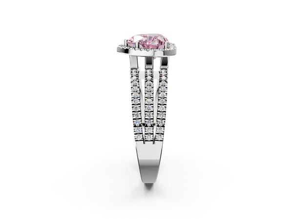 White Gold Heart-Shaped Halo Engagement Ring Setting for Fancy Pink Center with Triple Row Split Shank