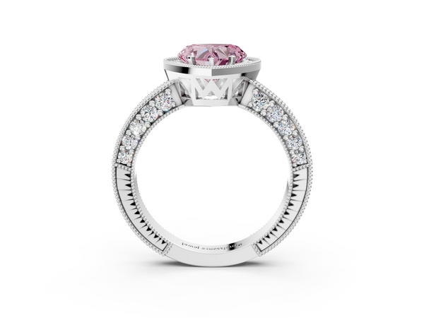 Platinum Fancy Pink Heart  Cut Halo Diamond Pave Band Ring with Four-Prong Setting