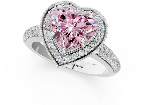 White gold Fancy Pink Heart  Cut Halo Diamond Pave Band with Four-Prong Setting