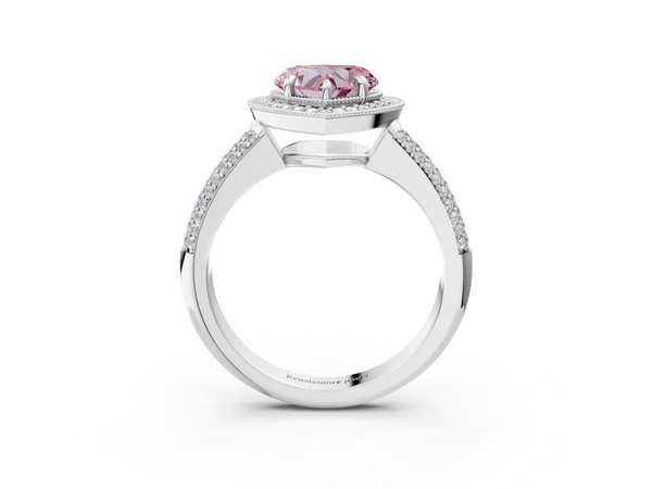 White gold Fancy Pink Heart  Cut Halo Diamond Pave Band with Four-Prong Setting