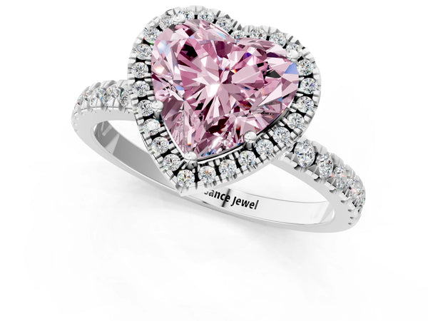 White gold Fancy Pink Heart Cut Halo Diamond Pave Band with Prong Setting