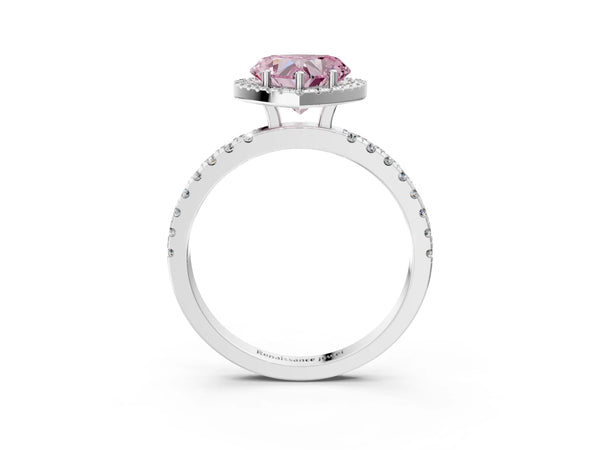 White gold Fancy Pink Heart Cut Halo Diamond Pave Band with Prong Setting