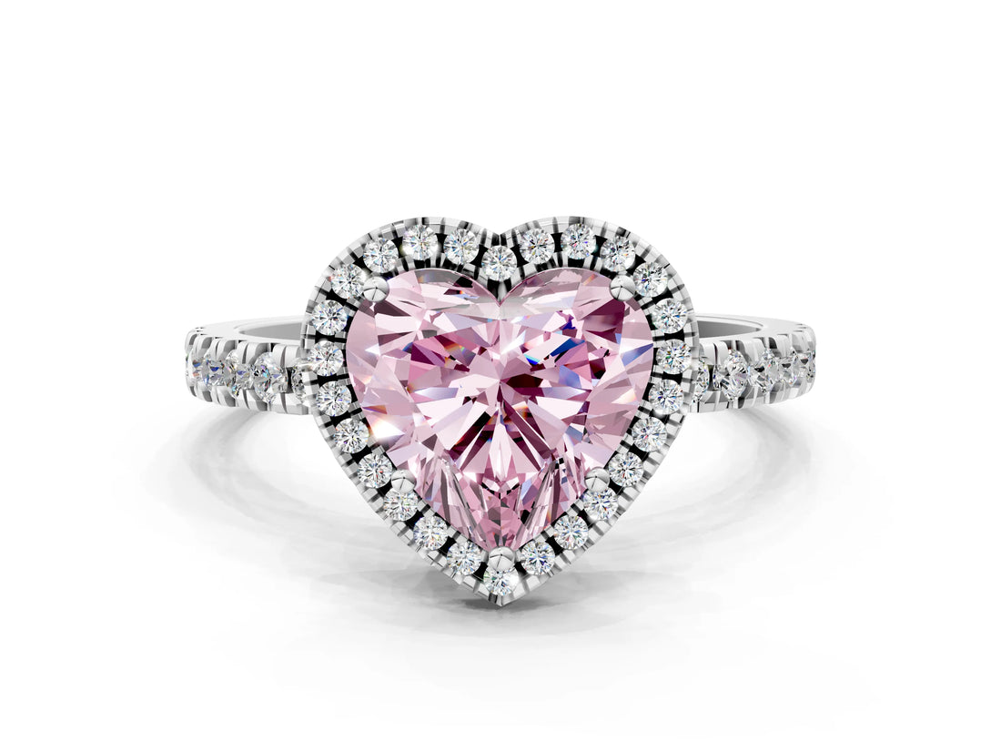White gold Fancy Pink Heart Cut Halo Diamond Pave Band with Prong Setting