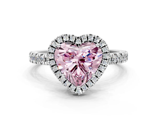 White gold Fancy Pink Heart Cut Halo Diamond Pave Band with Prong Setting