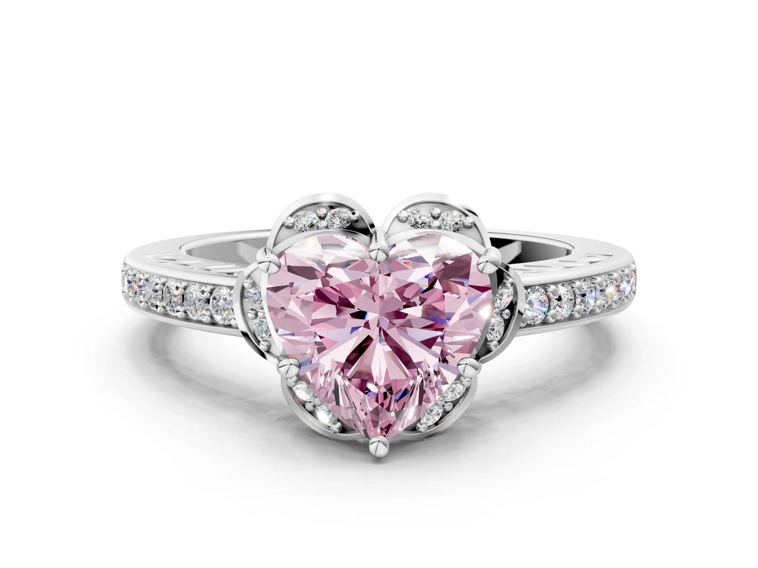 White gold Fancy Pink Heart  Cut Halo Diamond Ring with Channel Set Band and Four-Prong Setting_50