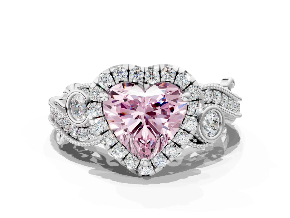 White gold Fancy Pink Heart Cut Halo Diamond Ring with Milgrain and Bezel Accents on a Split Shank Band_12
