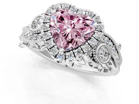 White gold Fancy Pink Heart Cut Halo Diamond Ring with Milgrain and Bezel Accents on a Split Shank Band_1