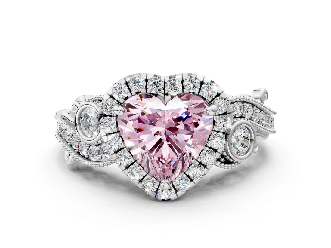 White gold Fancy Pink Heart Cut Halo Diamond Ring with Milgrain and Bezel Accents on a Split Shank Band_24