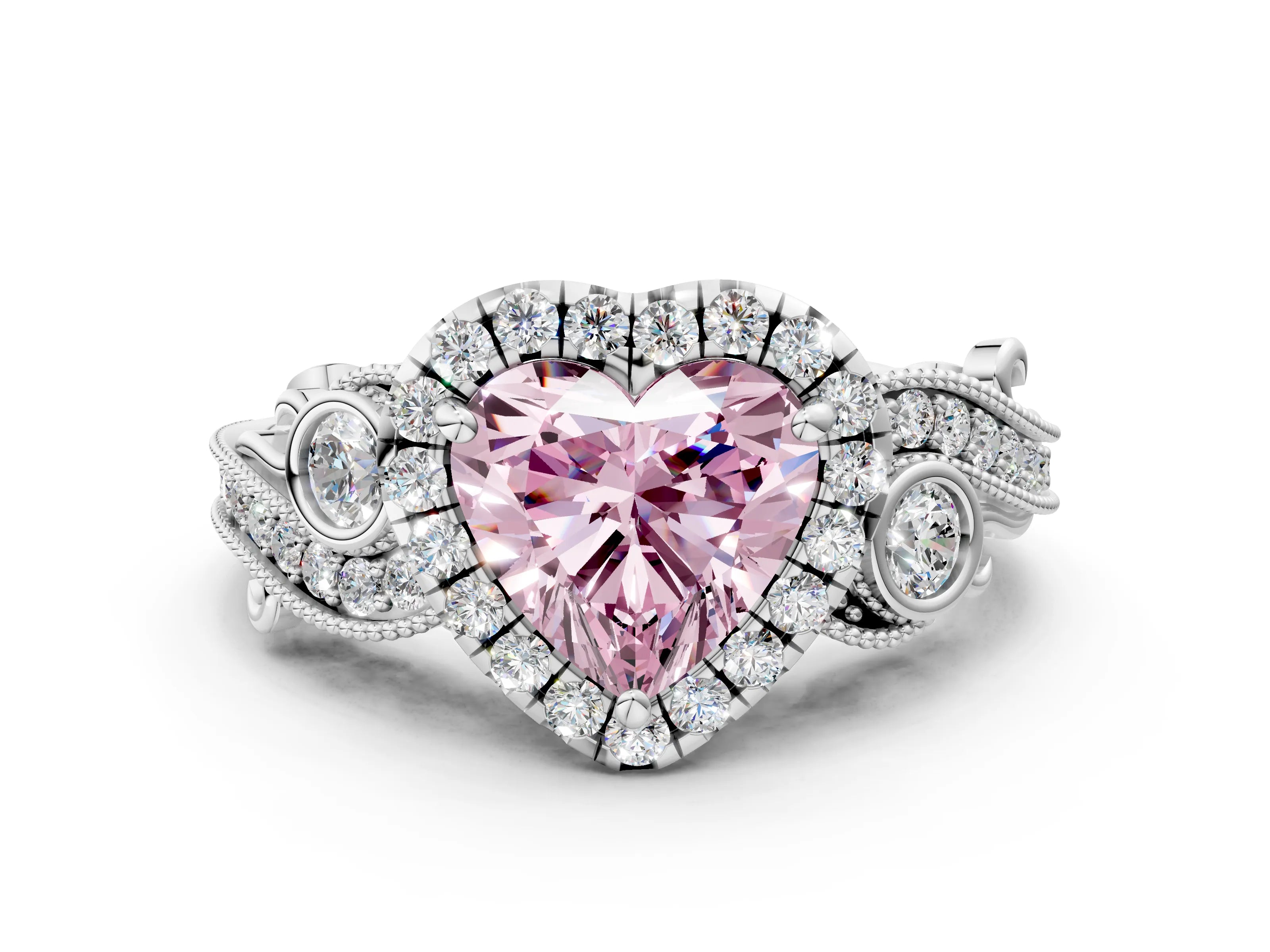 White gold Fancy Pink Heart Cut Halo Diamond Ring with Milgrain and Bezel Accents on a Split Shank Band