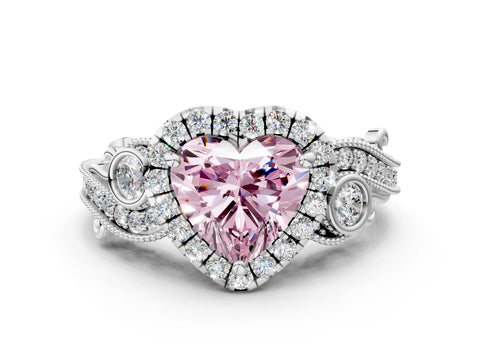 White gold Fancy Pink Heart Cut Halo Diamond Ring with Milgrain and Bezel Accents on a Split Shank Band