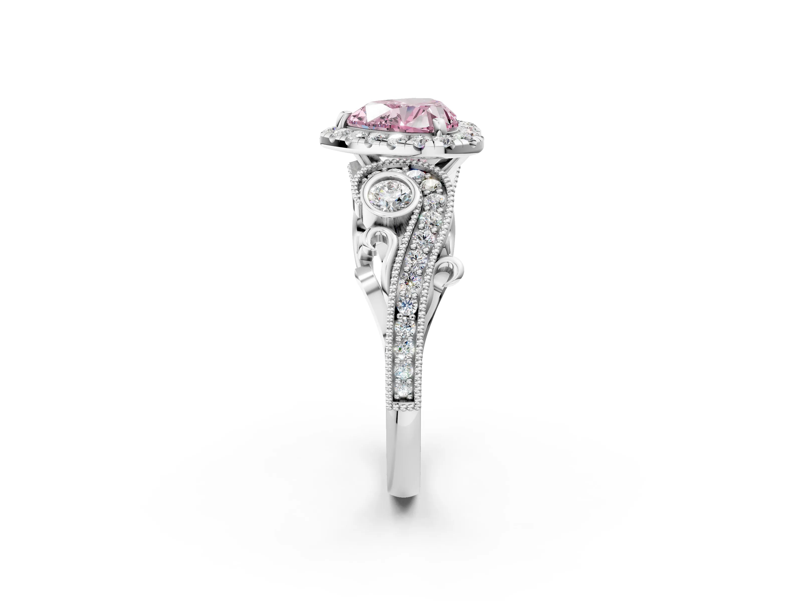 White gold Fancy Pink Heart Cut Halo Diamond Ring with Milgrain and Bezel Accents on a Split Shank Band_2