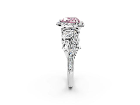 White gold Fancy Pink Heart Cut Halo Diamond Ring with Milgrain and Bezel Accents on a Split Shank Band_2