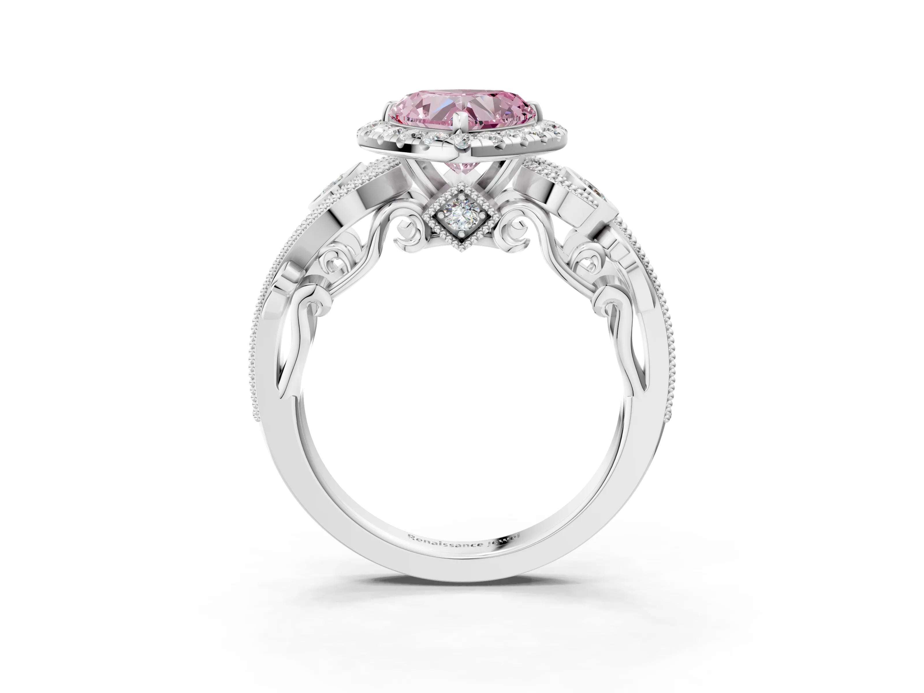White gold Fancy Pink Heart Cut Halo Diamond Ring with Milgrain and Bezel Accents on a Split Shank Band_3