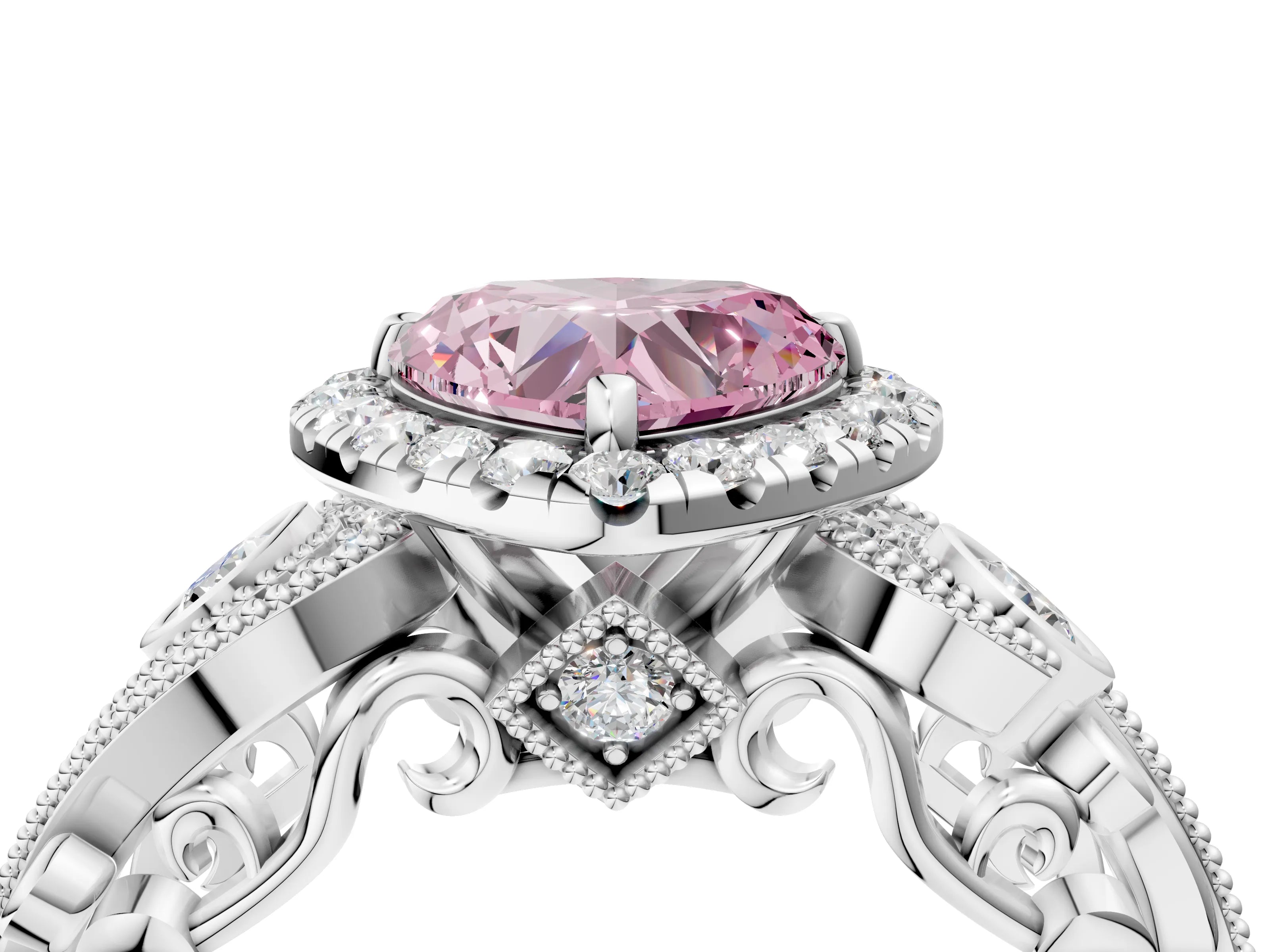 White gold Fancy Pink Heart Cut Halo Diamond Ring with Milgrain and Bezel Accents on a Split Shank Band_4