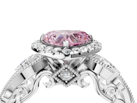 White gold Fancy Pink Heart Cut Halo Diamond Ring with Milgrain and Bezel Accents on a Split Shank Band_4
