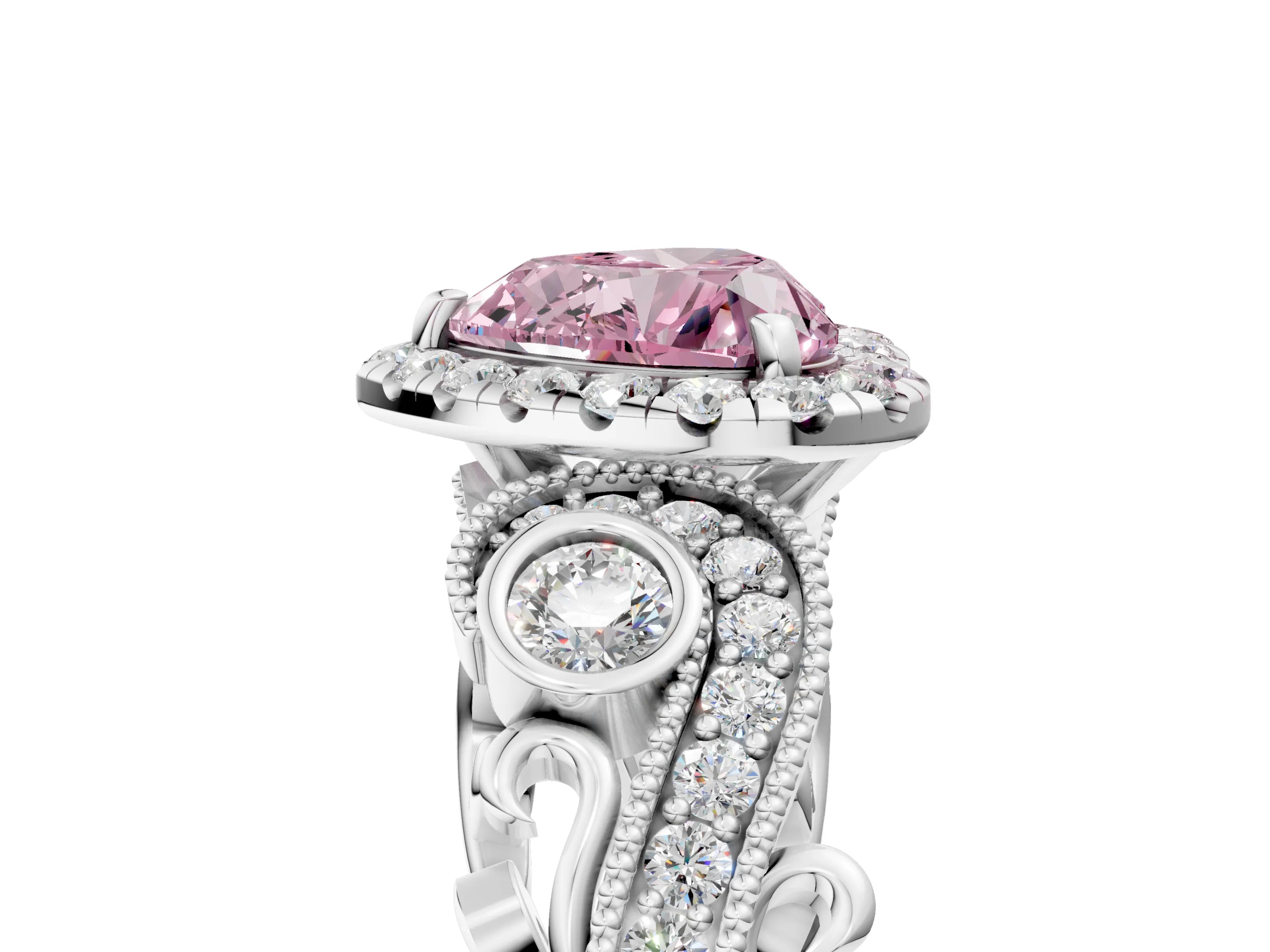 White gold Fancy Pink Heart Cut Halo Diamond Ring with Milgrain and Bezel Accents on a Split Shank Band_5