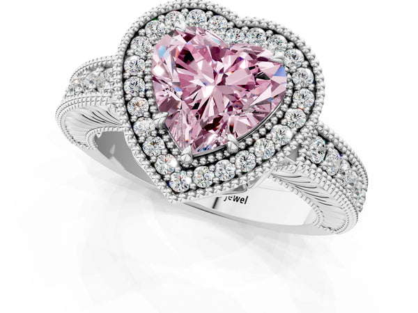 Platinum Fancy Pink Heart  Cut Halo Diamond Ring with Pavé Band and Four-Prong Setting