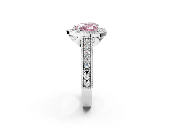 Platinum Fancy Pink Heart  Cut Halo Diamond Ring with Pavé Band and Four-Prong Setting