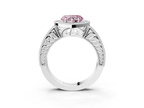 Platinum Fancy Pink Heart  Cut Halo Diamond Ring with Pavé Band and Four-Prong Setting