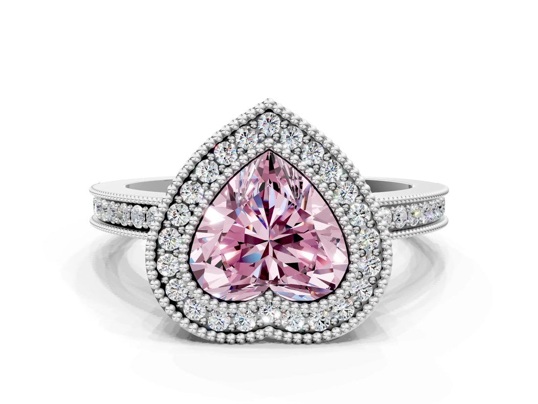 White gold Fancy Pink Heart  Cut Halo Diamond Ring with Pavé Band and Milgrain Prong Setting_32