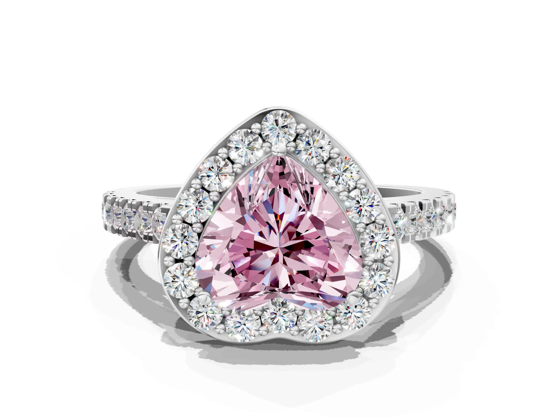 White gold Fancy Pink Heart Cut Halo Diamond Ring with Pavé Band and Three-Prong Setting_12