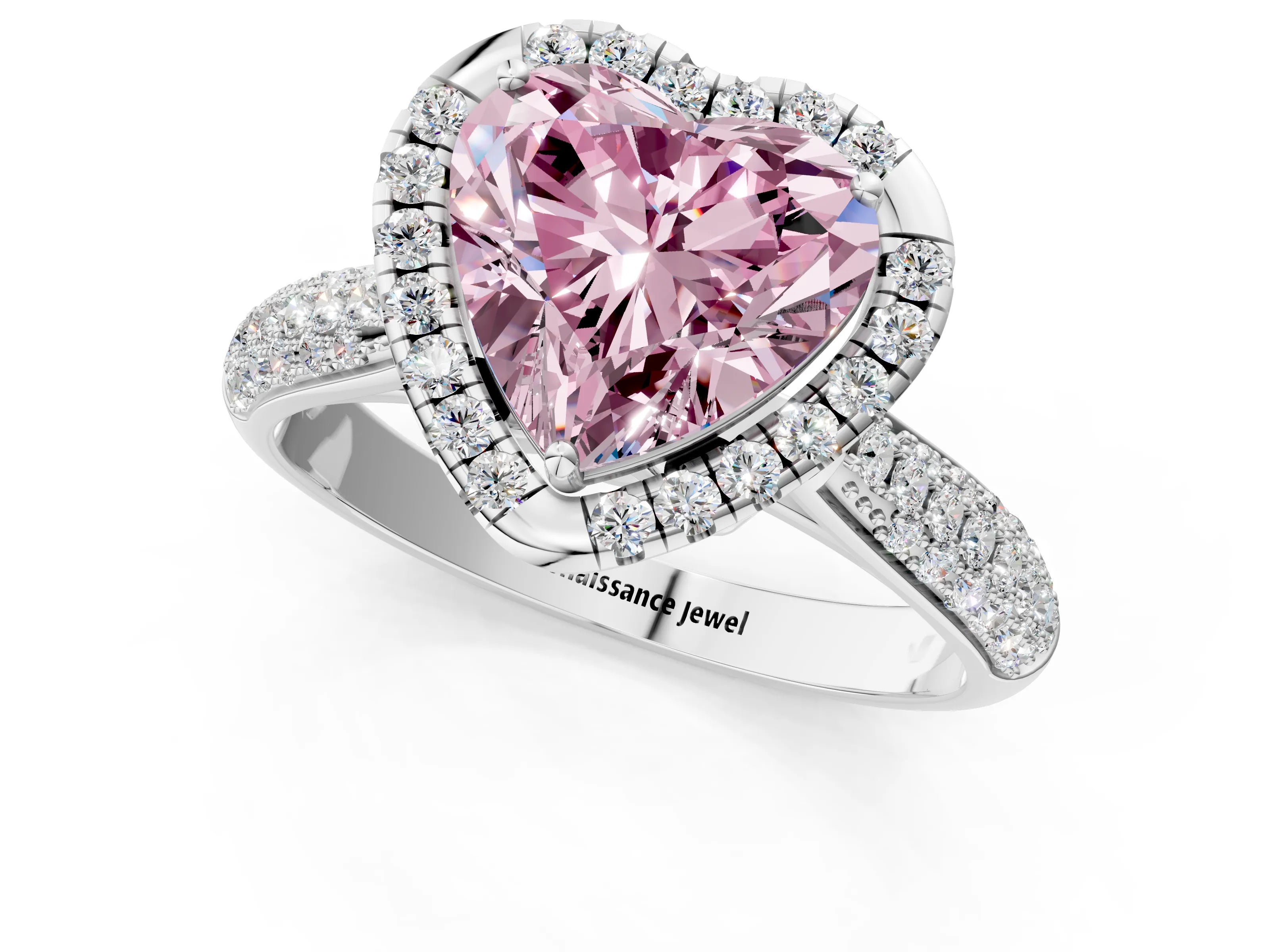 White gold Fancy Pink Heart Cut Halo Diamond Ring with Pavé Band_25